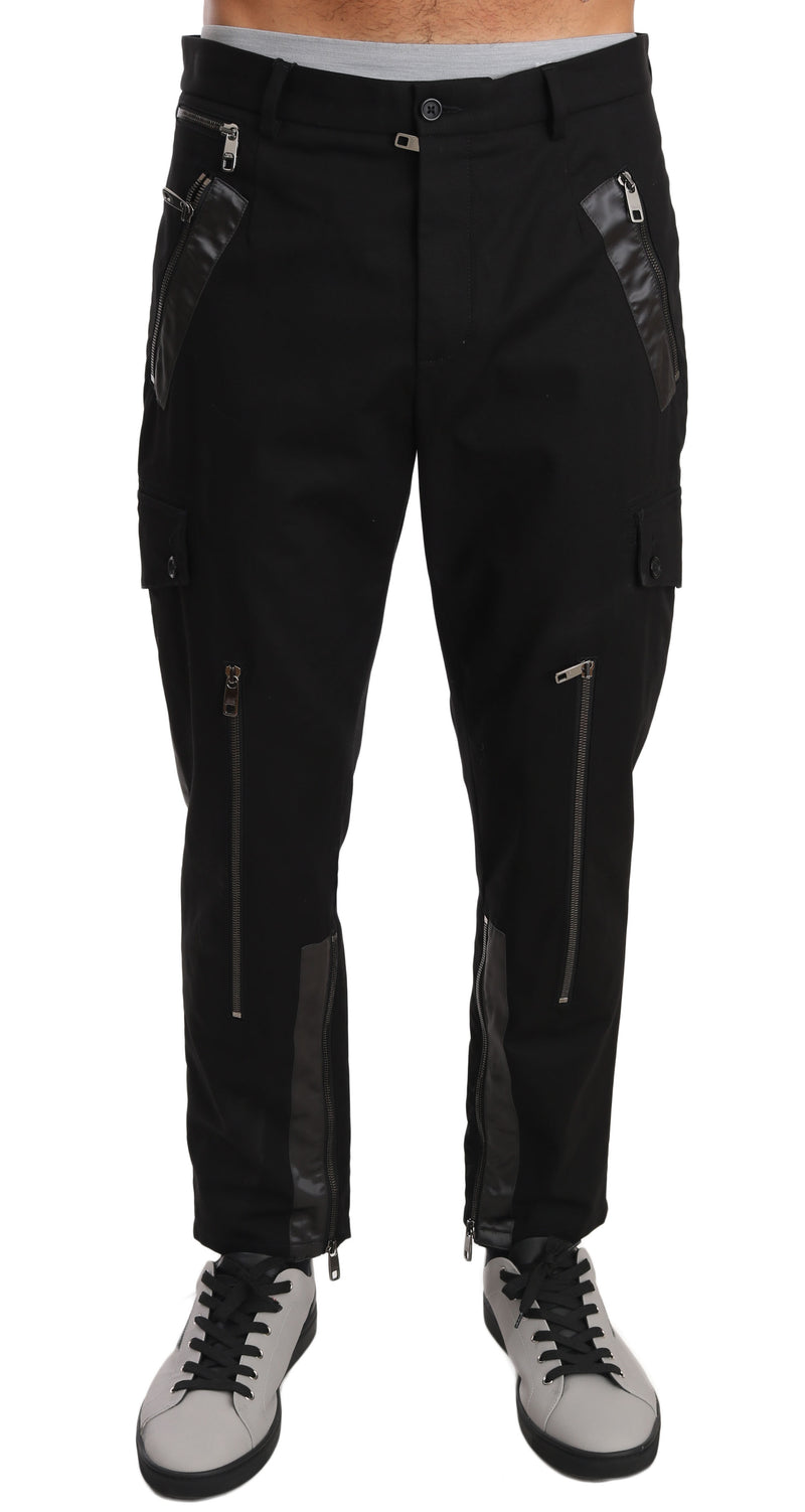 Black Cotton Stretch Zipper Trousers Pants