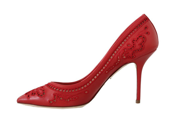 Red Leather Floral Cutout Pumps
