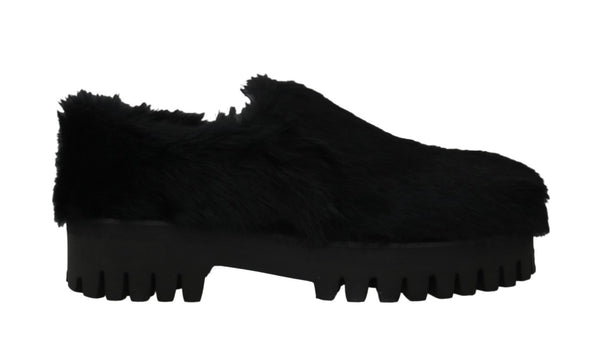 Black Lapin Fur Slippers Loafers