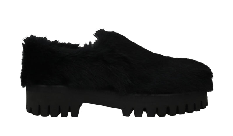 Black Lapin Fur Slippers Loafers