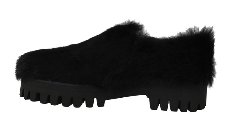 Black Lapin Fur Slippers Loafers