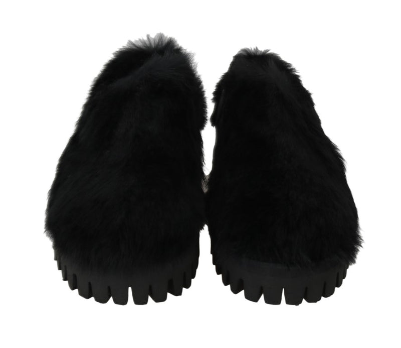 Black Lapin Fur Slippers Loafers