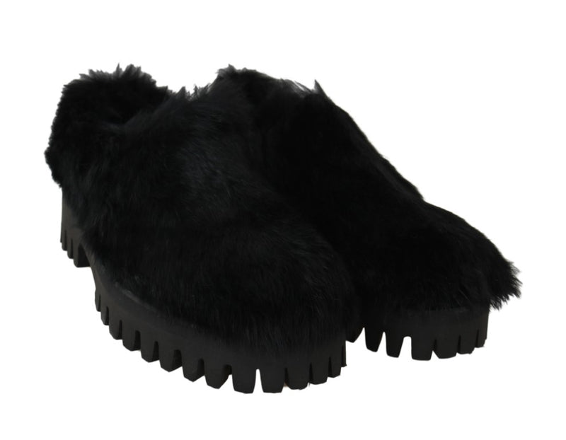 Black Lapin Fur Slippers Loafers
