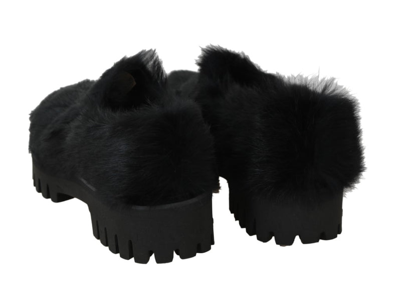 Black Lapin Fur Slippers Loafers
