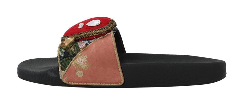 Black Brocade Heart Beachwear Slides