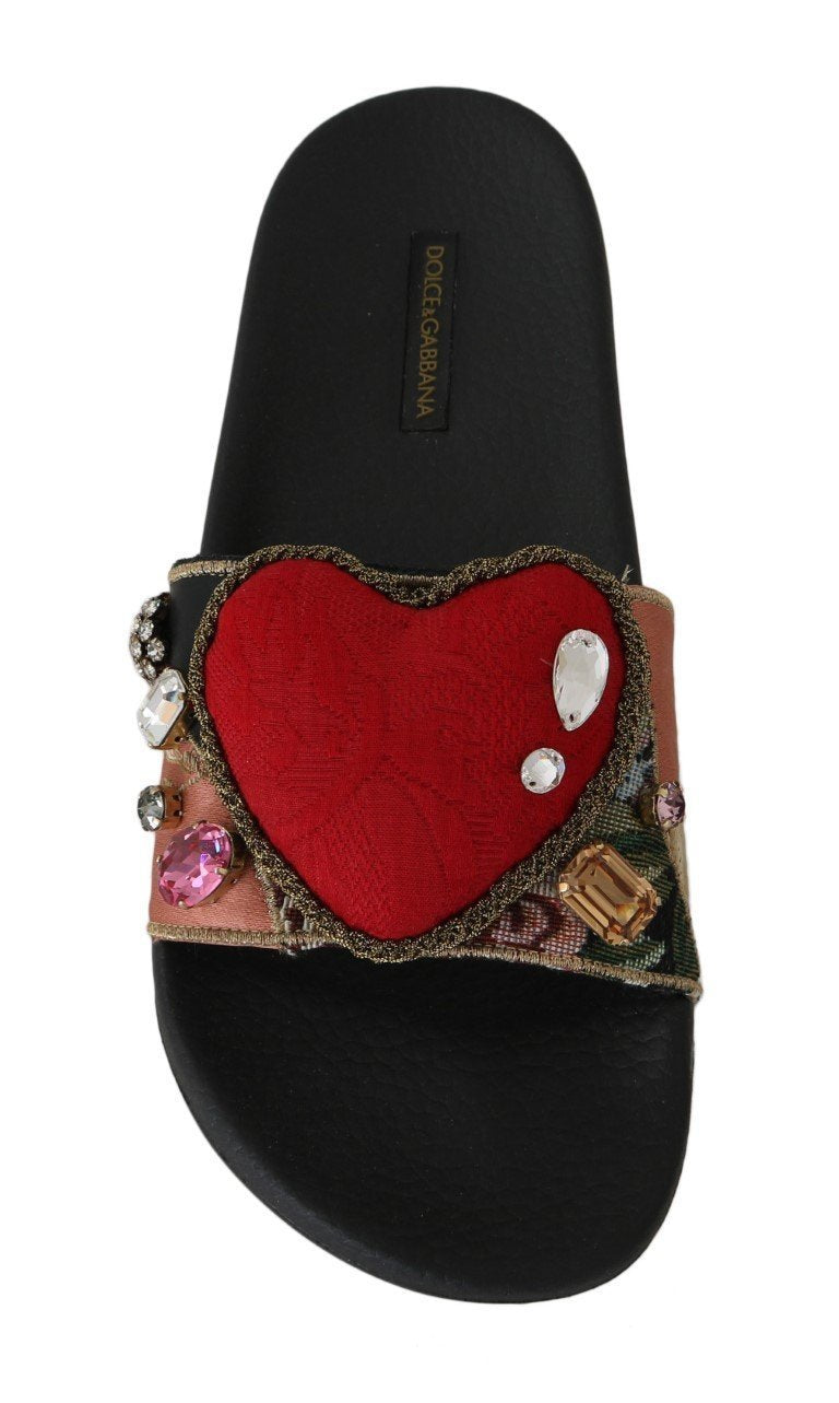 Black Brocade Heart Beachwear Slides