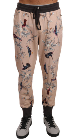 Beige Cotton Bird Floral Print Jogger Pants