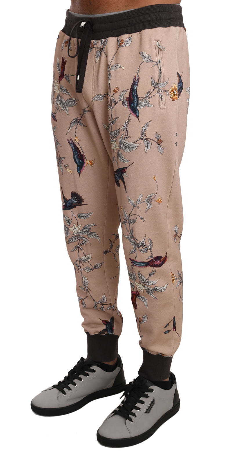 Beige Cotton Bird Floral Print Jogger Pants