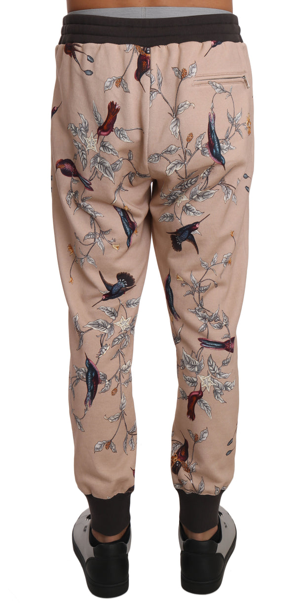 Beige Cotton Bird Floral Print Jogger Pants