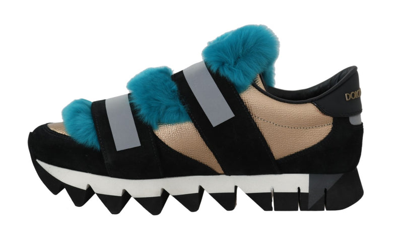 Black Leather Blue Fur Sneakers