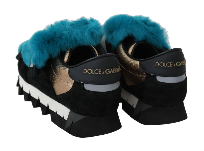 Black Leather Blue Fur Sneakers