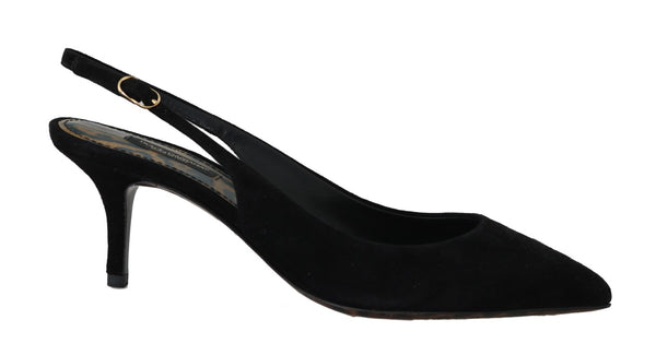 Black Suede Leather Slingbacks Heels