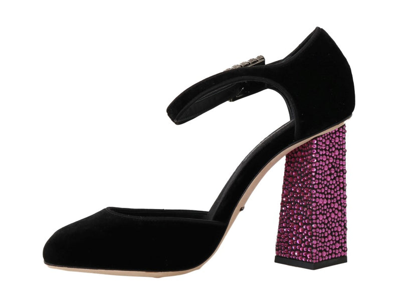 Black Velvet Pink Crystal Mary Janes Shoes