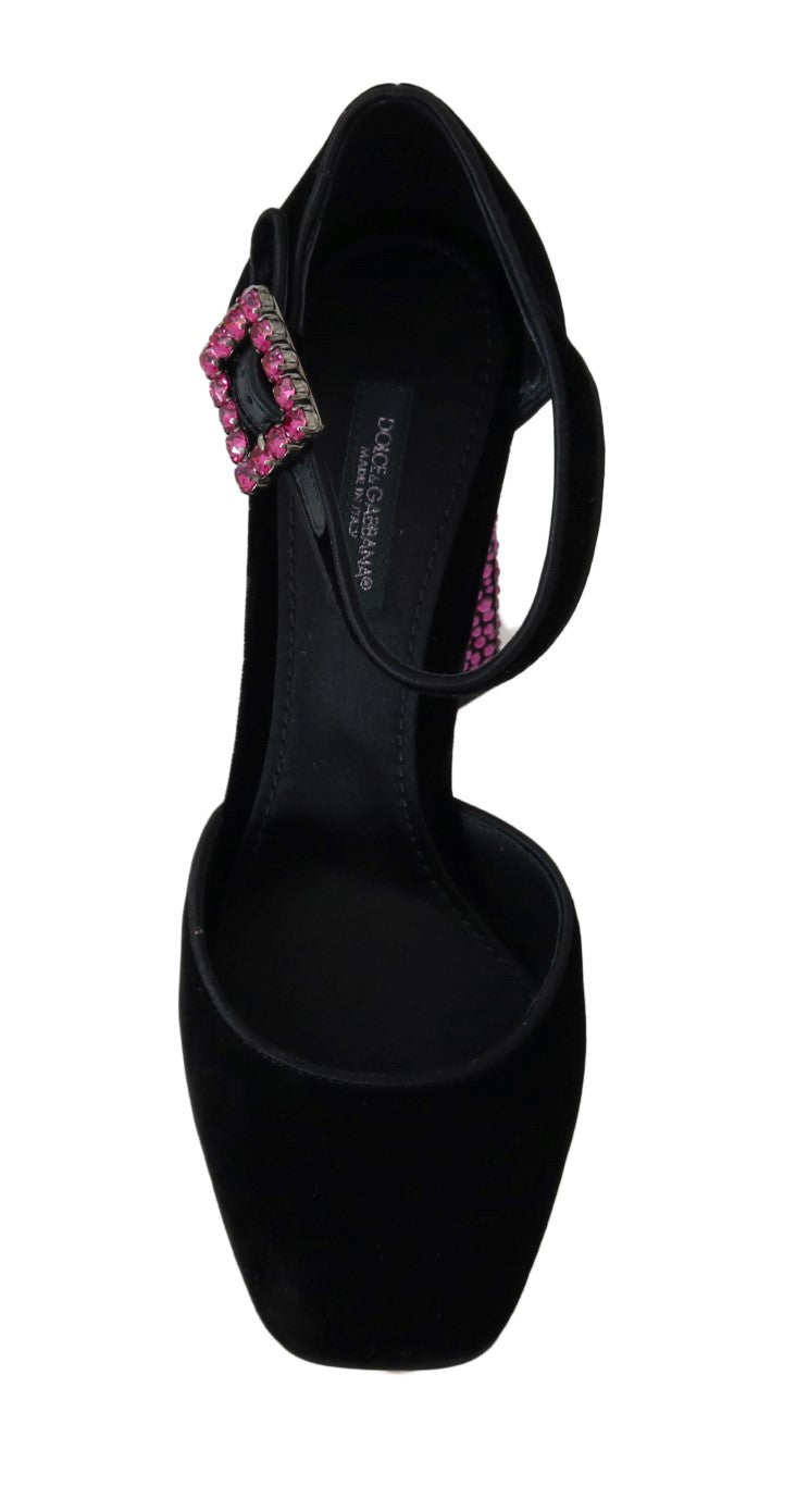 Black Velvet Pink Crystal Mary Janes Shoes