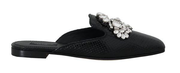 Black Snakeskin Crystal Mules Flats