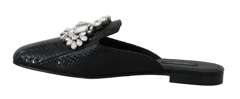 Black Snakeskin Crystal Mules Flats