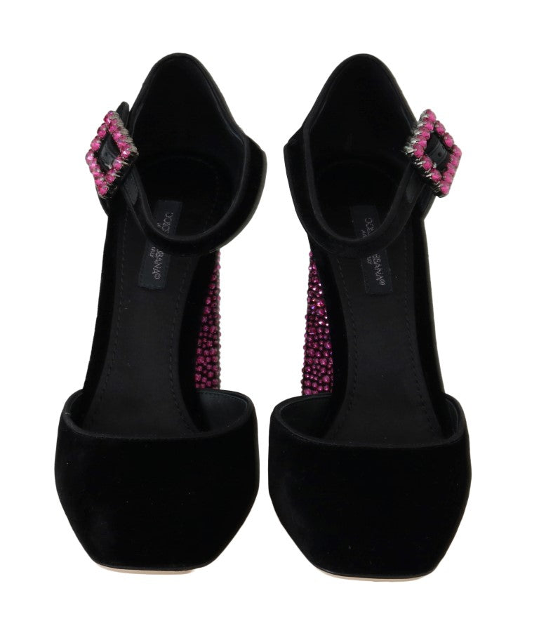 Black Velvet Pink Crystal Mary Janes Shoes