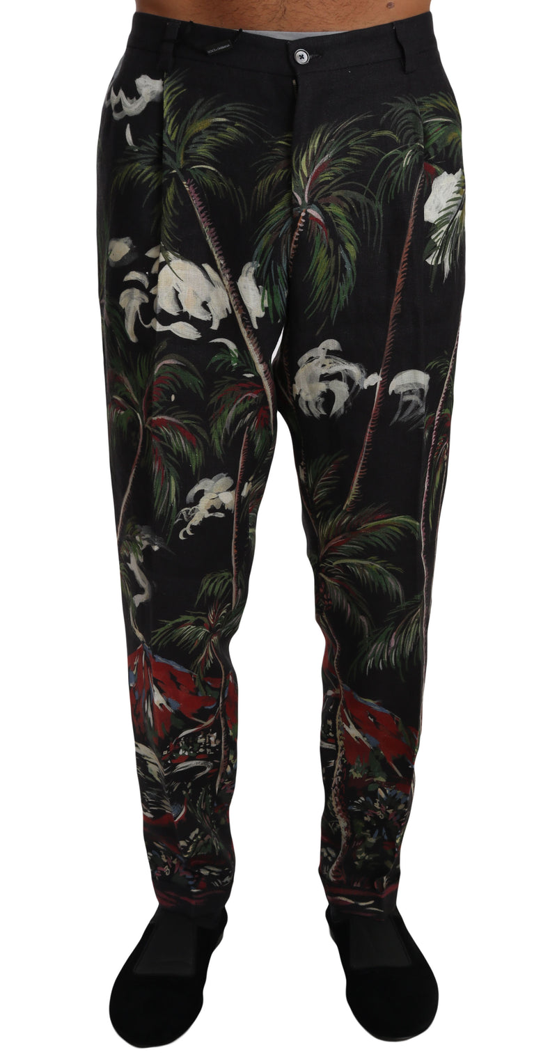 Black Linen Volcano Print Trousers Pants