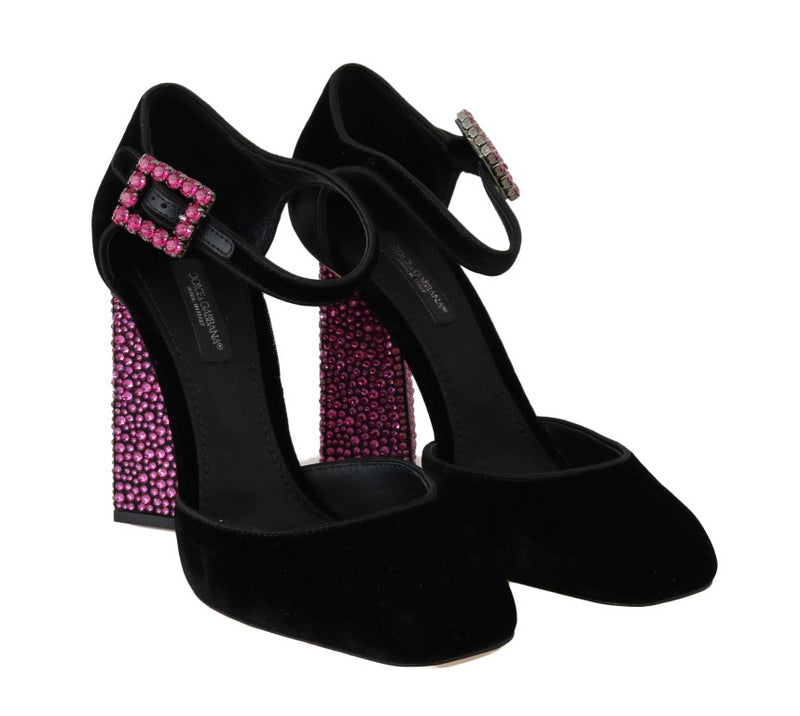 Black Velvet Pink Crystal Mary Janes Shoes