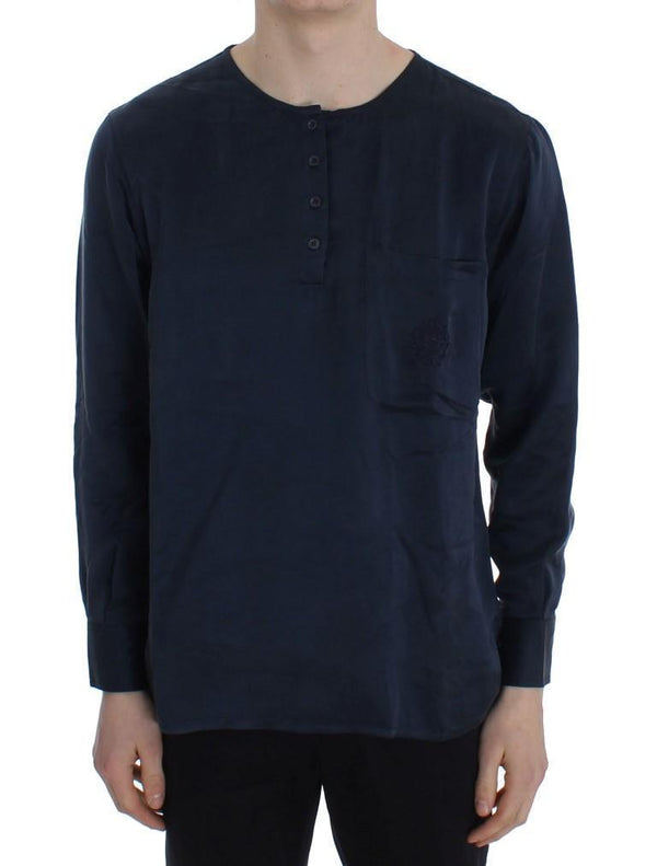 Blue Silk Henley Long Sleeve T-shirt
