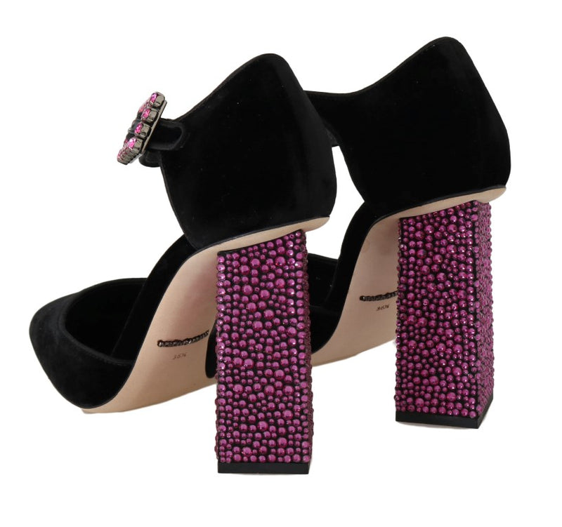 Black Velvet Pink Crystal Mary Janes Shoes