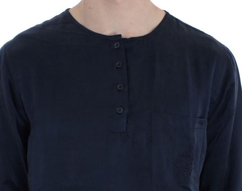 Blue Silk Henley Long Sleeve T-shirt