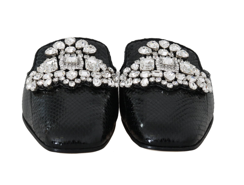 Black Snakeskin Crystal Mules Flats