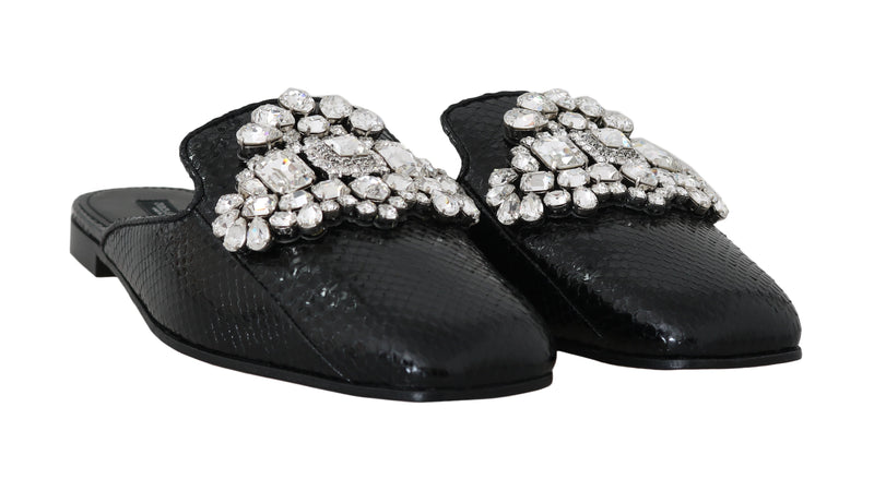 Black Snakeskin Crystal Mules Flats