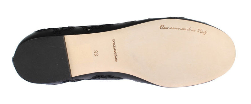 Black Leather Ricamo Ballerina Flat Shoes