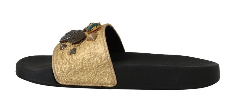 Black Gold Jacquard Crystal Slides