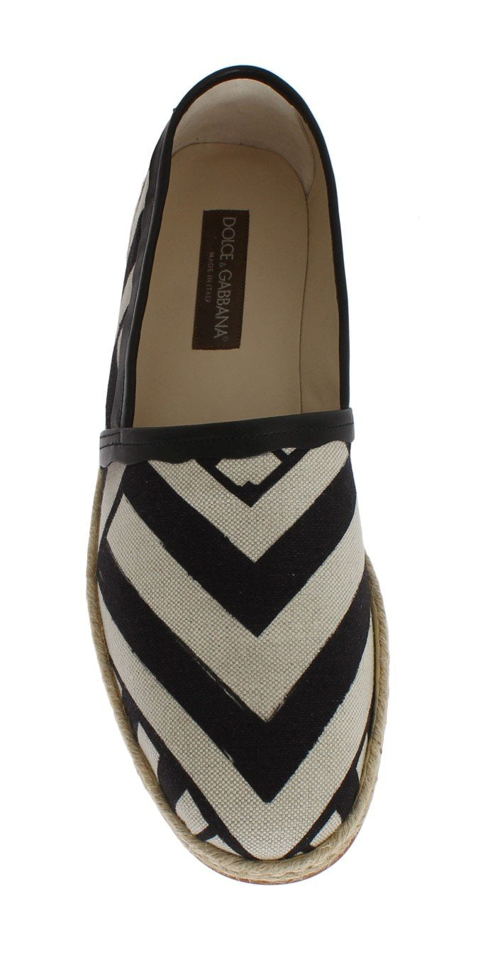 White Black Linen Striped Logo Loafers