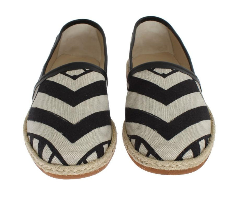 White Black Linen Striped Logo Loafers