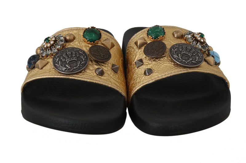 Black Gold Jacquard Crystal Slides