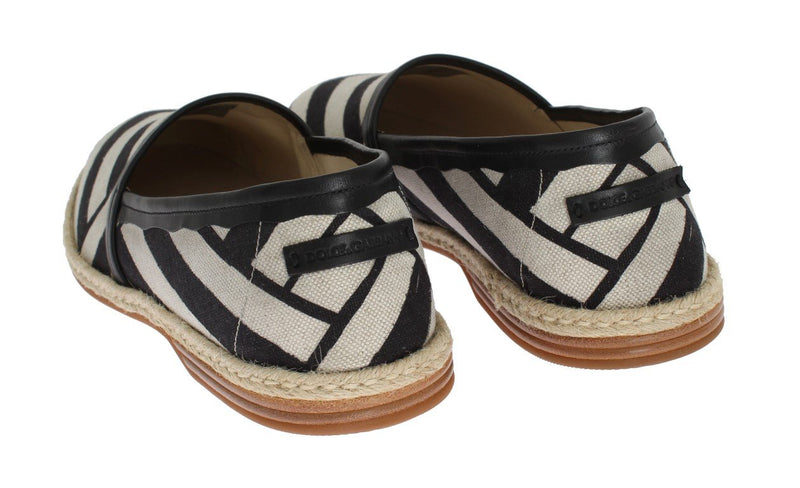 White Black Linen Striped Logo Loafers