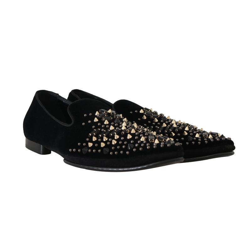 Black Velvet Suede Crystal Loafers