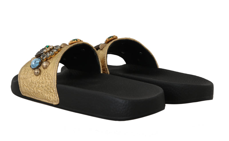 Black Gold Jacquard Crystal Slides