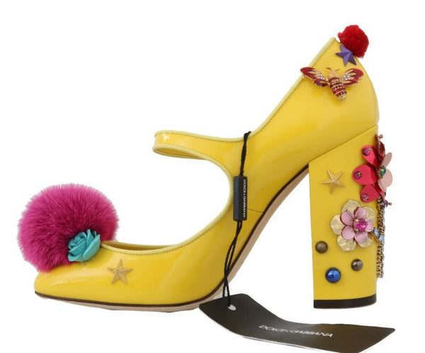Yellow Leather Crystal Fur Shoes