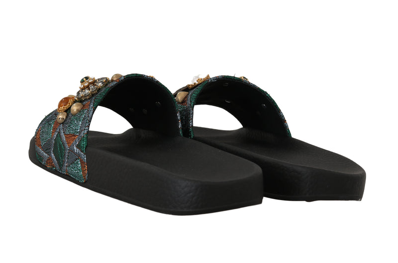 Blue Green Jacquard Crystal Slides