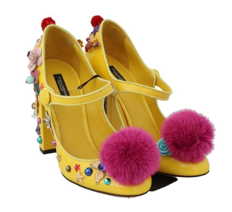 Yellow Leather Crystal Fur Shoes