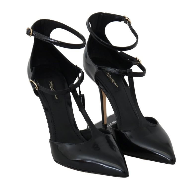 Black Leather Heels Ankle Strap Shoes