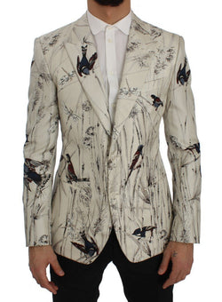 White Bird Print Silk Slim Fit Blazer Jacket