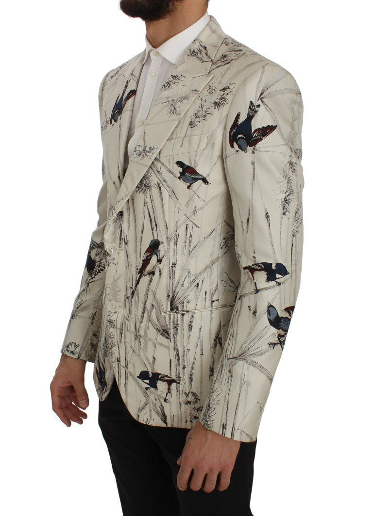 White Bird Print Silk Slim Fit Blazer Jacket