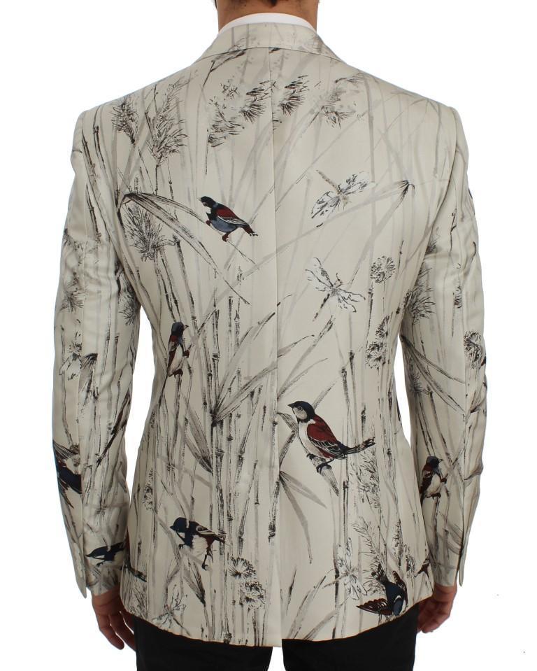 White Bird Print Silk Slim Fit Blazer Jacket