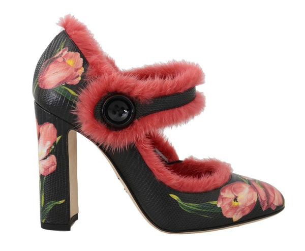 Black Leather Tulip Pink Mink Fur Shoes