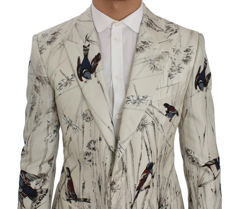 White Bird Print Silk Slim Fit Blazer Jacket