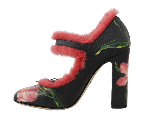 Black Leather Tulip Pink Mink Fur Shoes