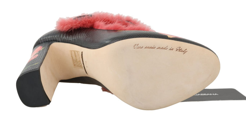 Black Leather Tulip Pink Mink Fur Shoes