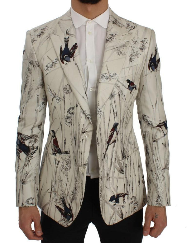 White Bird Print Silk Slim Fit Blazer Jacket