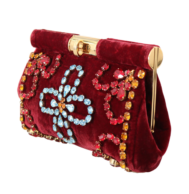 Red Velvet Gold Ricamo Crystal Party Clutch  Purse