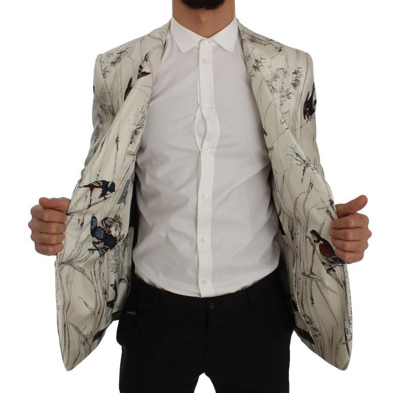 White Bird Print Silk Slim Fit Blazer Jacket